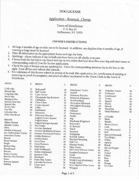 First page of the Dog License Application and Change and Transfer Report