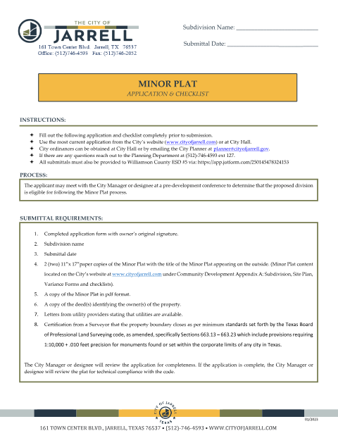 First page of the Minor Plat Application