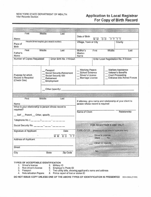 First page of the Application to Local Registrar for Copy of Birth Record