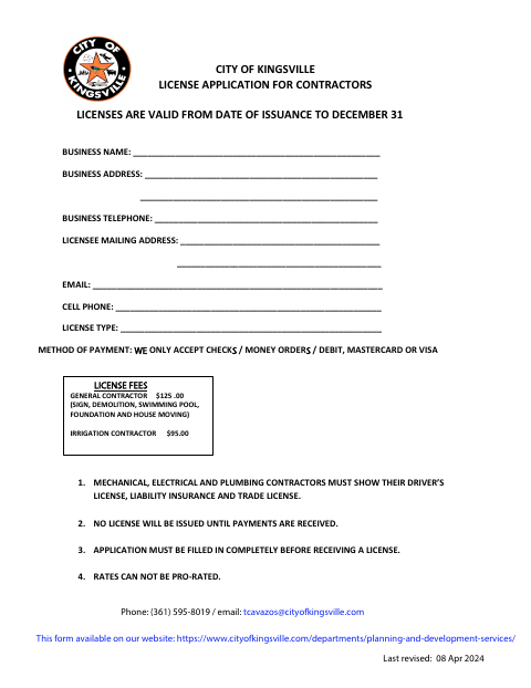 First page of the License Application for Contractors