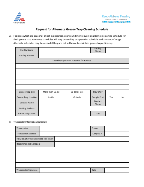First page of the Request for Alternate Grease Trap Cleaning Schedule