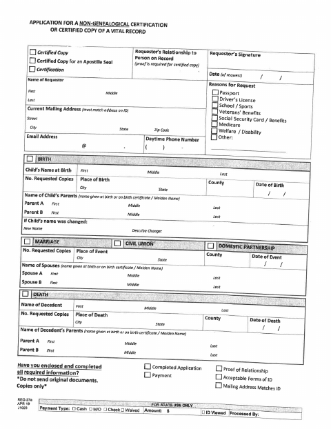 First page of the Request for Vital Record