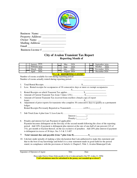First page of the Transient Tax Report