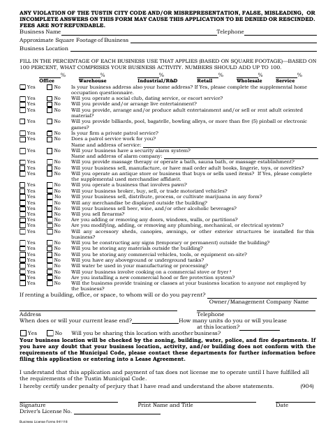 First page of the Business License Application