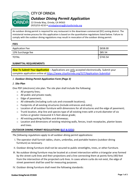 First page of the Outdoor Dining Permit Application