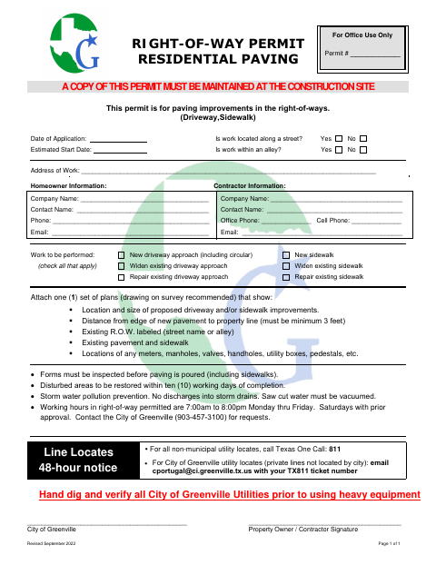 First page of the Right-of-Way Permit Residential Paving