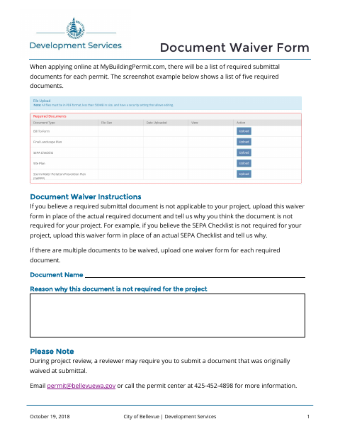 First page of the Document Waiver Form