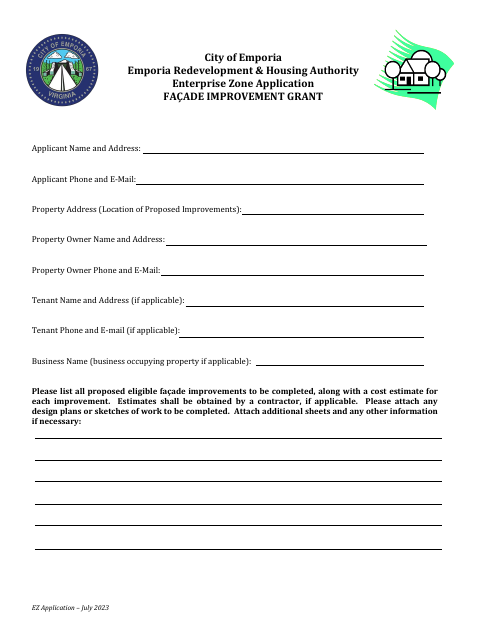 First page of the Façade Improvement Grant Application