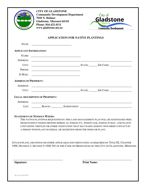 First page of the Application for Native Plantings