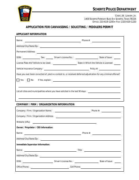 First page of the Application for Canvassing, Soliciting, and Peddlers Permit