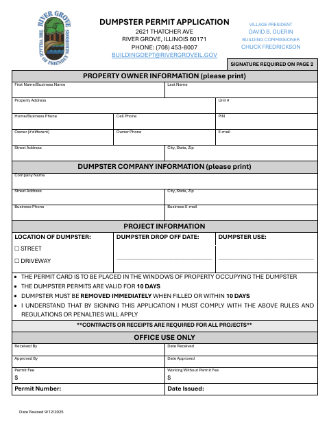 First page of the Dumpster Permit Application