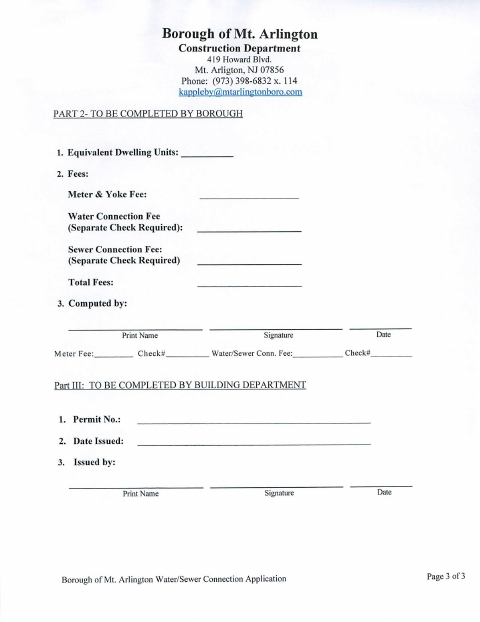 First page of the Water/Sewer Connection Application