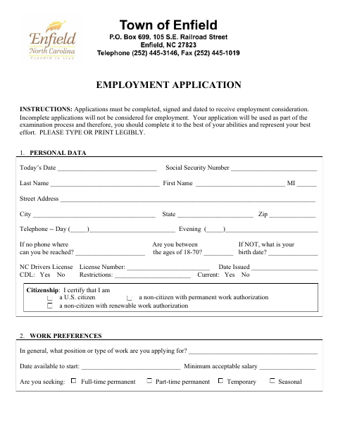 First page of the Employment Application