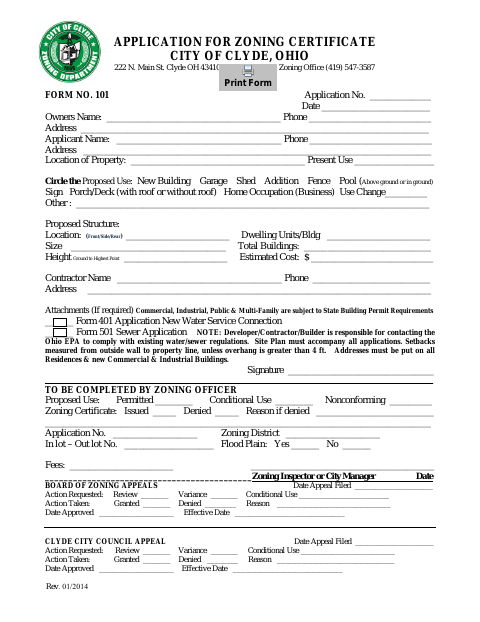 First page of the Application for Zoning Certificate