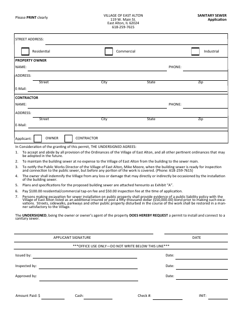 First page of the Sanitary Sewer Application