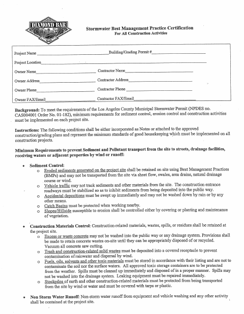 First page of the Storm Water BMP Certification