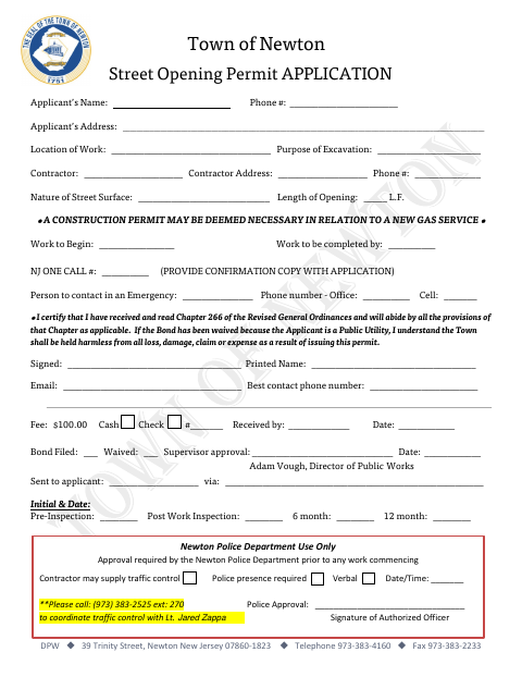 First page of the Street Opening Permit Application