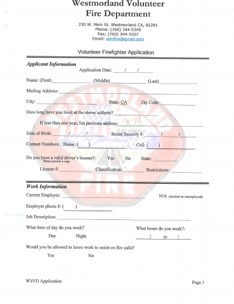 First page of the Volunteer Firefighter Application