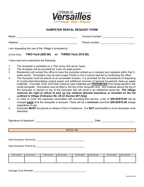 First page of the Dumpster Rental Request Form
