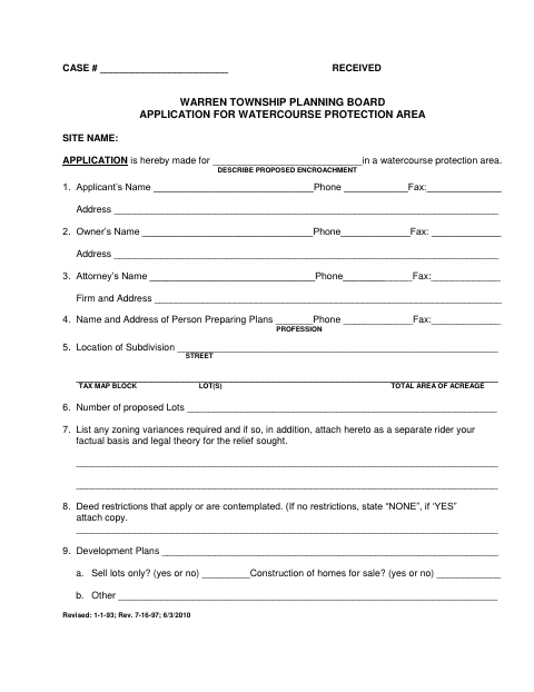 First page of the Application for Watercourse Protection Area