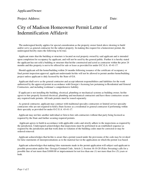 First page of the Homeowner Permit Letter of Indemnification Affidavit