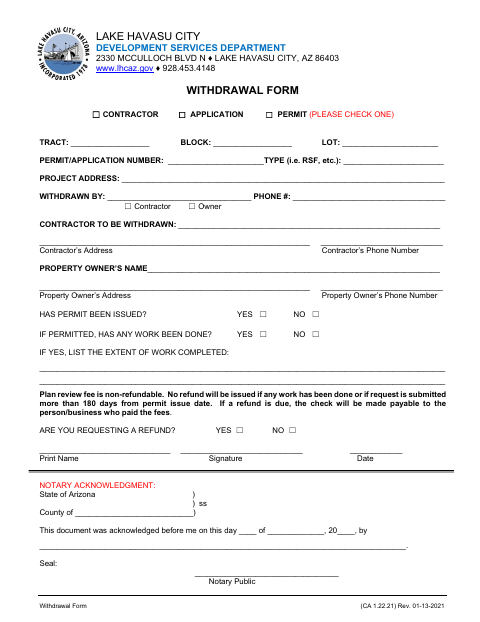 First page of the Contractor, Application, or Permit Withdrawal Form
