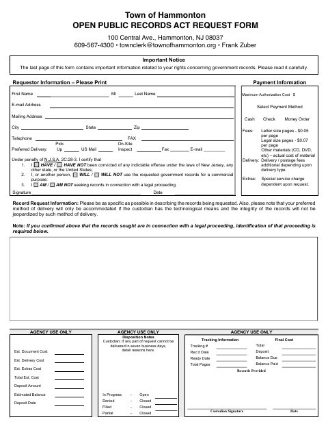 First page of the Open Public Records Act Request Form