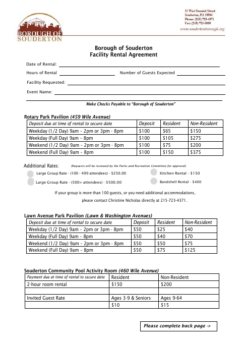 First page of the Facility Rental Agreement