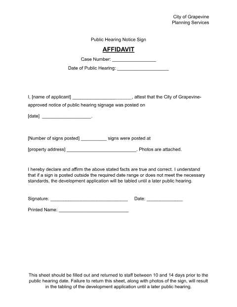 First page of the Public Hearing Notice Sign Affidavit