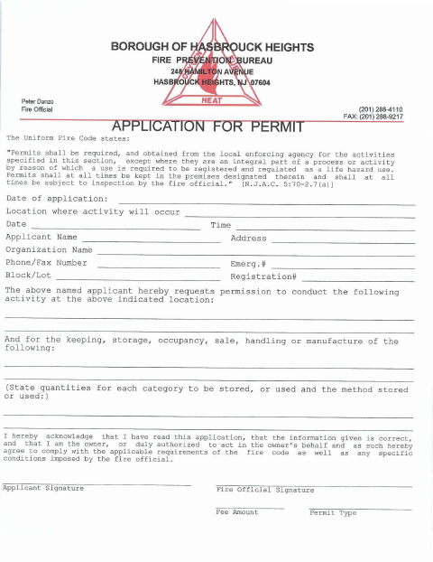 First page of the Application for Fire Prevention Permit