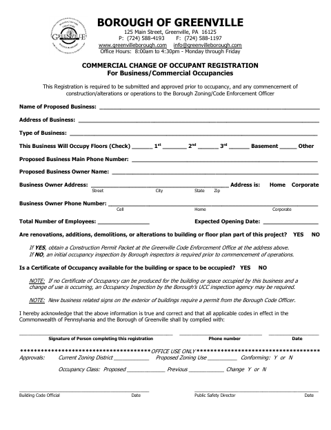 First page of the Commercial Change Of Occupant Registration