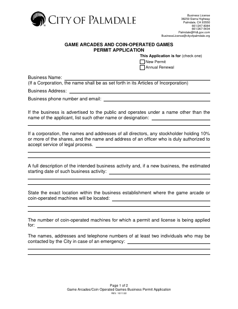First page of the Game Arcades and Coin-Operated Games Permit Application
