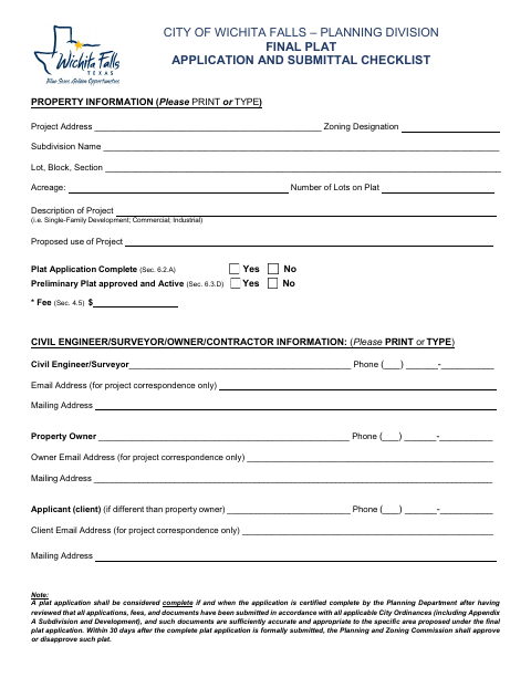 First page of the Final Plat Application