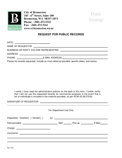 First page of the Request for Public Records