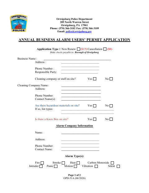 First page of the Annual Business Alarm Users’ Permit Application