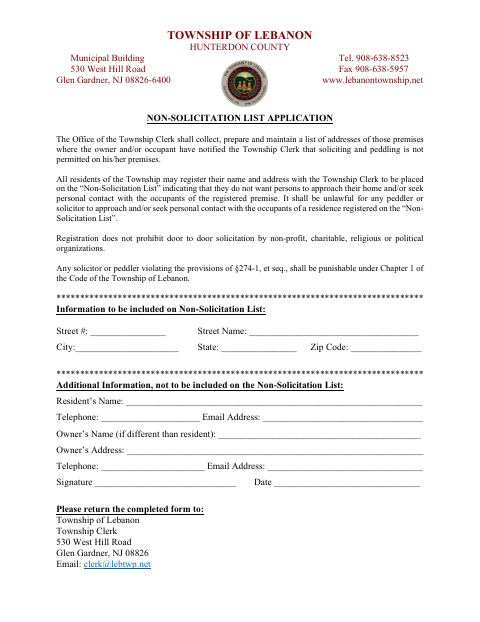 First page of the Non-Solicitation List Application