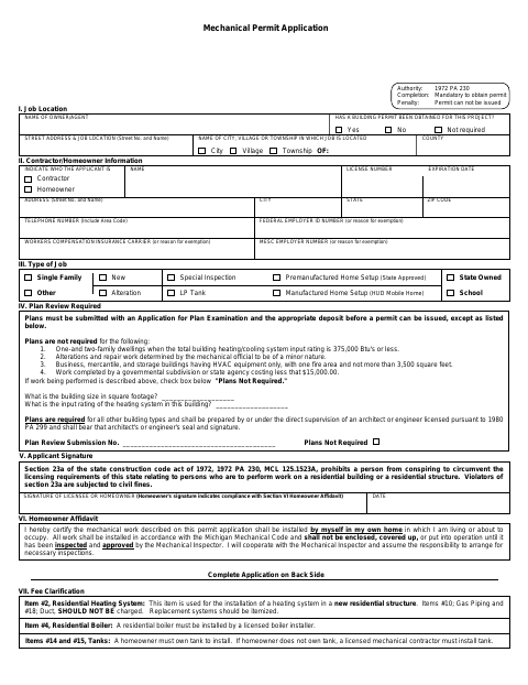 First page of the Mechanical Permit Application