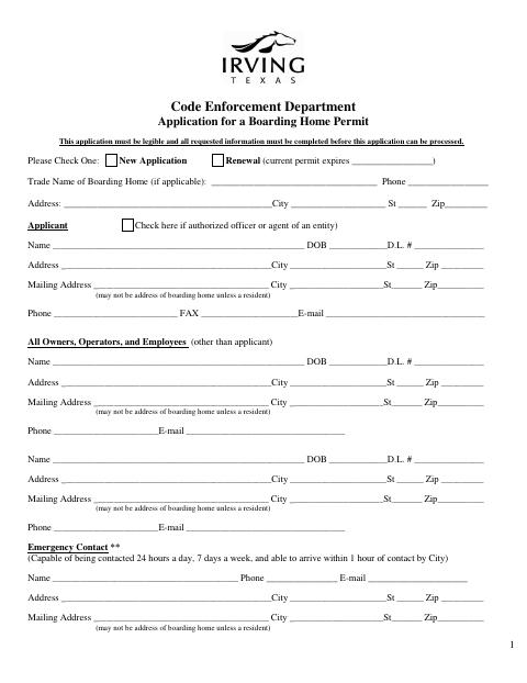 First page of the Application for a Boarding Home Permit