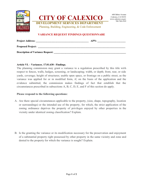 First page of the Variance Findings Questionnaire