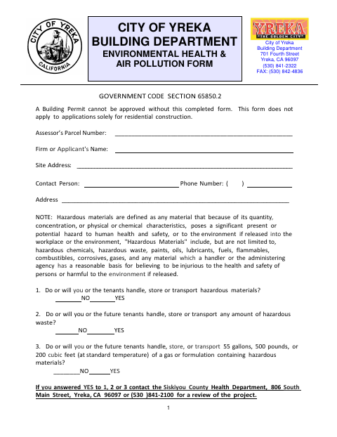 First page of the Environmental Health and Air Pollution Form
