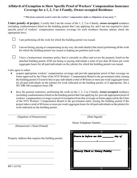 First page of the Workers’ Compensation Exemption Affidavit for Owner-Occupied Residences