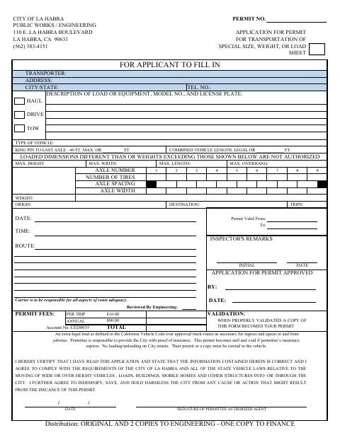 First page of the Application For Permit For Transportation Of Special Size, Weight, Or Load