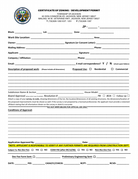 First page of the Certificate of Zoning / Development Permit