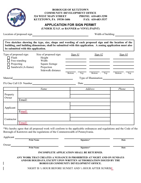 First page of the Application for Sign Permit