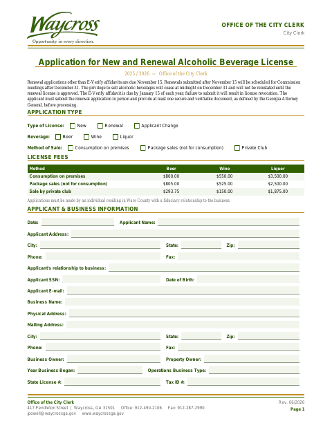 First page of the Alcoholic Beverage License Application