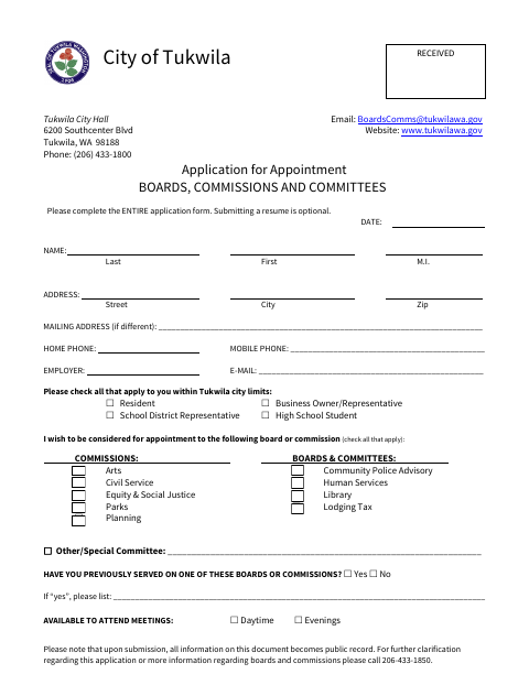 First page of the Application for Appointment to Boards, Commissions, and Committees