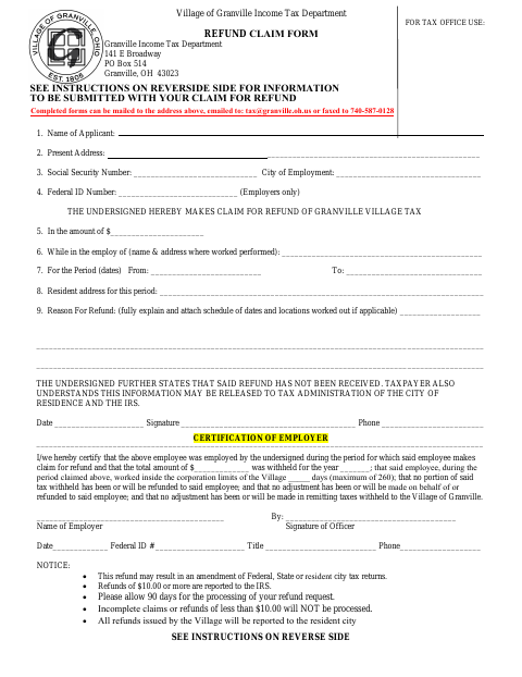First page of the Refund Claim Form