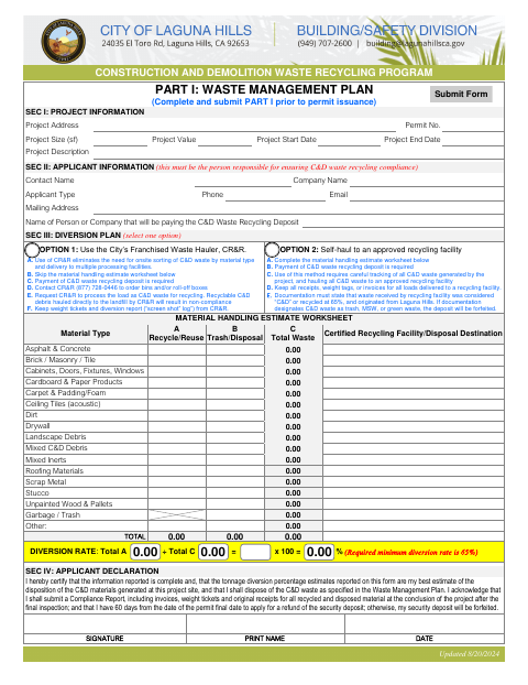 First page of the Construction and Demolition Waste Recycling Program Part I: Waste Management Plan