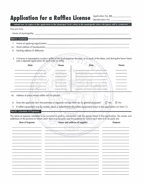 First page of the Raffle License Application