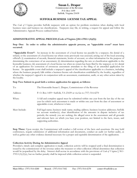First page of the Business License Tax Appeal Process and Application